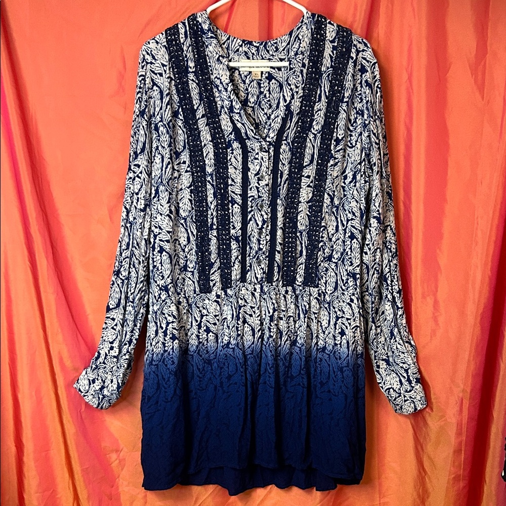 Knox Rose Boho Navy and White Ombre Printed Tunic Dress Size XL Embroidered